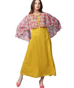 Mustard Floral  Rayon And Chiffon Dress -1220