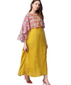 Mustard Floral  Rayon And Chiffon Dress -1220