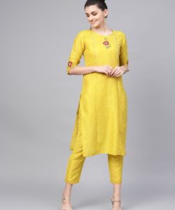 Yellow Handloom Straight Kurta With Solid Pant- 3906