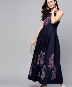 Blue & Pink Block Printed Pleated Dress-  Ak 120