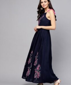 Blue & Pink Block Printed Pleated Dress-  Ak 120