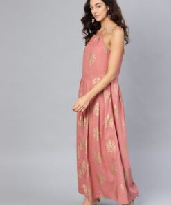 Pink Gold Printed Pleated Maxi