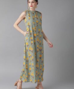 Women Green & Mustard Yellow Printed Maxi Dress
