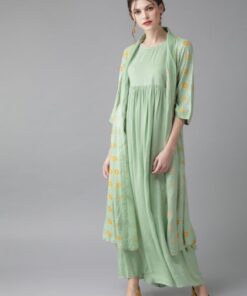 Women Green & Mustard Yellow Printed Layered Maxi Dress