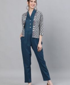 Blue Solid Jumpsuit With Printed Jacket