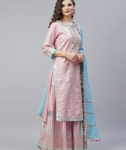 Pink & Blue Foil Printed Gotta Work Kurta With Sharara & Dupatta Set