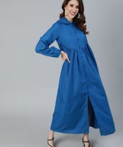 Royal Blue Solid Maxi With Hooded