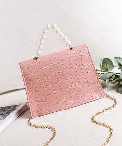 Pink Alligator Printed Faux Pearl Twist Lock Shoulder Bag