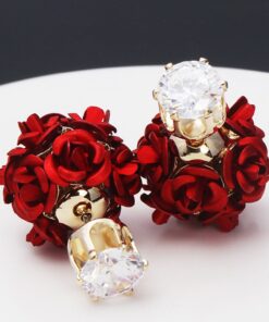 Rose Shape Two Sided Crystal Alloy Gold Plated Earring .